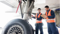 Two Men Discussing Industrial Transportation Services Under Airplane