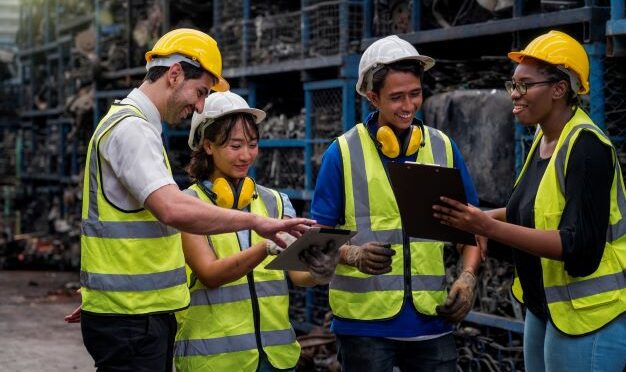 two men and two women in an industrial warehouse, smiling and talking while reviewing information on a tablet. All are wearing hard hats, and hearing protection that reflects that they have access to proper PPE and are working safely